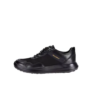 Ademende hardloopschoenen voor heren van mesh en leer met schokabsorberende zool zwart