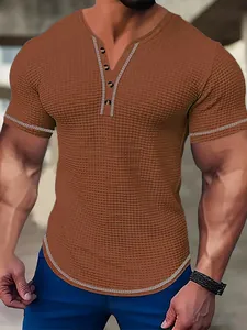 Men's slim fit short sleeve Henley shirt with brown seersucker waffle texture fabric