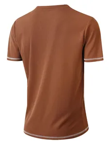 Back view of brown textured seersucker t-shirt with contrast white stitching at hem.