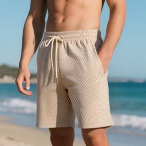 Close-up of men's heavy jacquard shorts showing textured pattern and drawstring