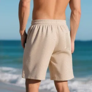 Detail back view of men's beige heavy jacquard textured loose-fit summer shorts