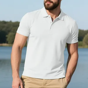 Close-up shot of a men's white breathable quick-dry polo shirt with a stylish button collar