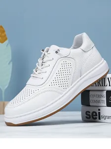 Detailed view of white top-grain leather breathable sneaker with perforated design