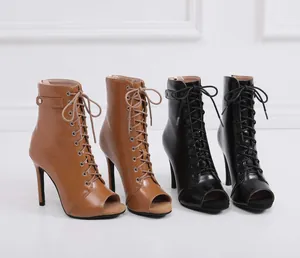 Elegant peep-toe lace-up dance boots with stiletto heels in black and brown.
