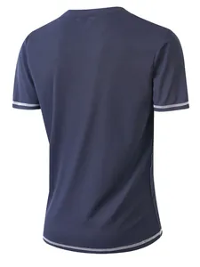 Close-up back view of men's navy blue seersucker t-shirt with white contrast stitching