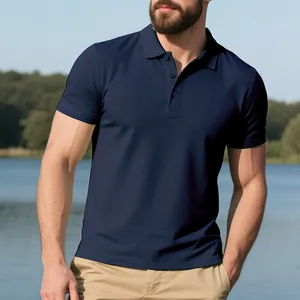 Detailed view of a navy blue quick-dry polo shirt for men featuring a classic lapel