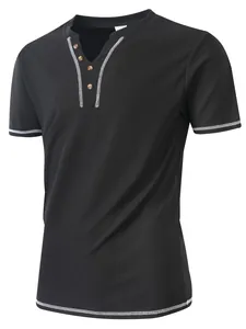 Close-up of black men's henley t-shirt featuring seersucker texture and contrast stitching