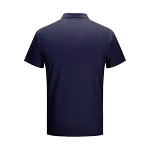 Back view of a navy blue quick-dry men's golf polo shirt with breathable fabric