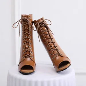 Brown peep-toe lace-up high-heel boots for jazz dance, stylish summer fashion detail view.