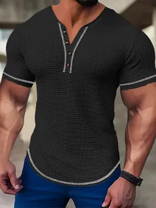 Detail view of black seersucker henley t-shirt with slim fit and contrast chain trim