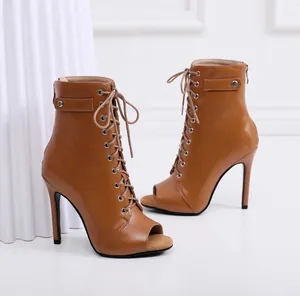 Elegant tan peep-toe lace-up stiletto ankle boots for women professional jazz dance