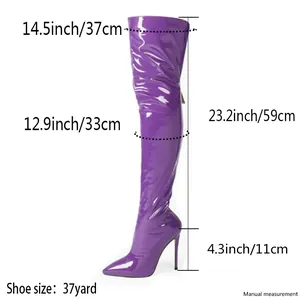 Professional size measurements for purple patent leather thigh high boots with stiletto heel