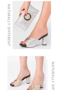 Detail view of sparkling rhinestone high heel sandals and matching clutch bag