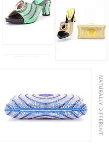 Detail view of luxury crystal rhinestone high heel sandals and matching clutch bag set