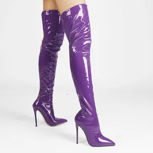 Detailed view of purple patent leather thigh high stiletto boots with pointed toe