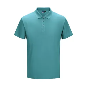 Detail view of turquoise quick-dry men's golf polo shirt with three-button placket.