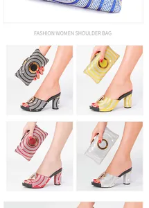 Close-up of matching rhinestone high-heel slippers and luxury clutch bag set for wedding