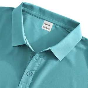 Close-up detail of a breathable blue polo shirt collar with 100% polyester tag