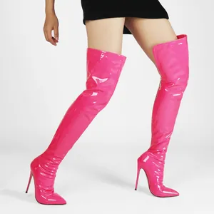 Sexy hot pink patent leather thigh-high boots with pointed toe and slim stiletto heels