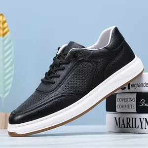 Breathable black leather men's sneakers with hollow-out design and white sole