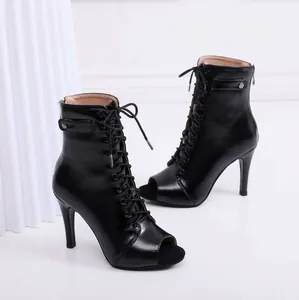 Elegant black peep toe lace-up ankle boots with stiletto high heels for jazz dance
