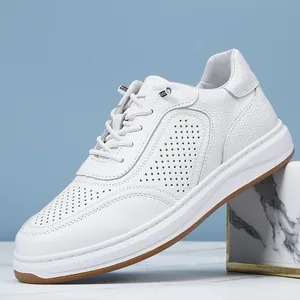 Breathable white first-layer cowhide leather sneakers for men with perforated holes