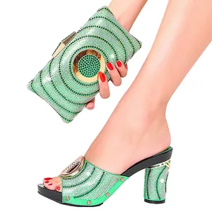 Luxurious African Fashion Women Crystal Rhinestone High Heel Mules And Matching Handbag Set For Wedding Banquet Party