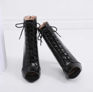 Black patent leather lace-up peep-toe stiletto ankle boots for jazz dance performance