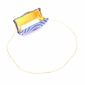 Elegant blue rhinestone evening clutch bag with long gold chain strap for wedding parties