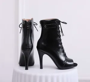 Sleek black lace-up peep toe ankle boots featuring stiletto high heels and back zipper
