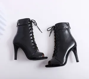Black peep-toe lace-up high heel dance boots with stiletto heel and back zipper.
