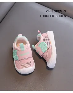 Detail view of pink mesh breathable toddler shoes with soft anti-slip soles
