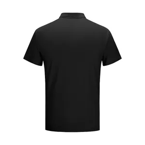 Back view of a plain black men's golf polo shirt with breathable quick-dry fabric