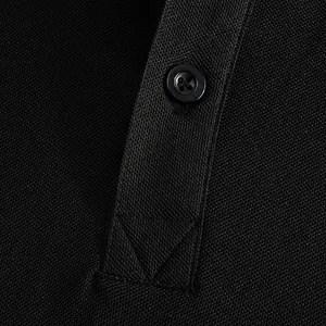 Detailed close-up of piqué fabric and button placket on a black men's polo shirt