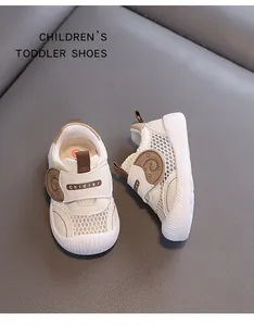 Detailed view of breathable mesh toddler shoes with bear ear velcro straps