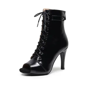 Professional side view of elegant black peep-toe lace-up high heel boots for jazz dance