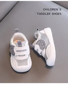 Detailed top view of white breathable mesh toddler shoes with Chidier brand velcro straps