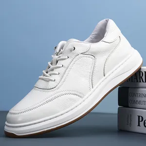 Premium white first-layer cowhide leather sneakers in casual no-tie board shoe style