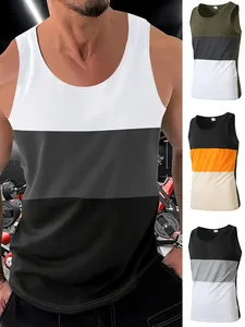 Detail view of men's slim fit three-color panelled sports tank top in gym setting