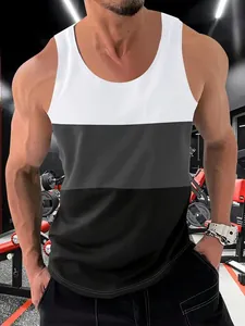 Close-up detail of a men's three-color block slim fitness tank top shown in a gym setting