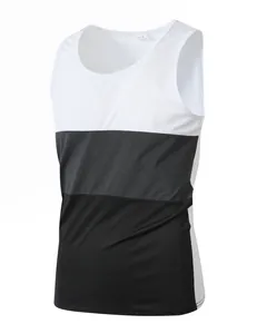 Detailed shot of men's sports fitness tank top featuring white grey black color block.