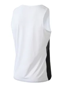 Back view of white men's sports tank top with breathable black side panels and flat seams.