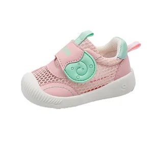 Pink breathable mesh baby sandals with non-slip soft sole and snail velcro strap
