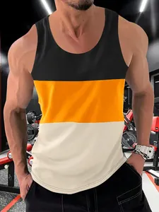 Detail view of men's slim-fit tri-color gym tank top with wide shoulder straps