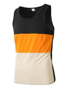 Men's tri-color block fitness tank top showing polyester blend material detail