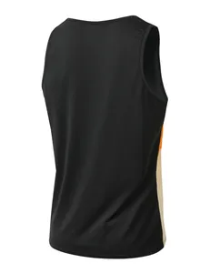 Detailed back view of black men's athletic tank top with side color-block design