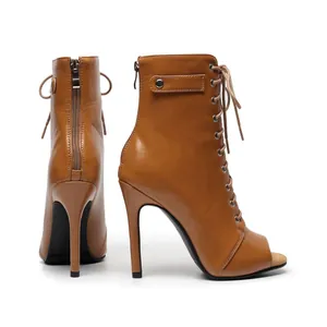 Brown peep-toe lace-up dance boots with stiletto high heels and back zipper closure