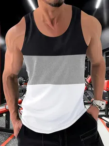 Close-up detail of a men's slim fit color-block fitness tank top shown in a gym.