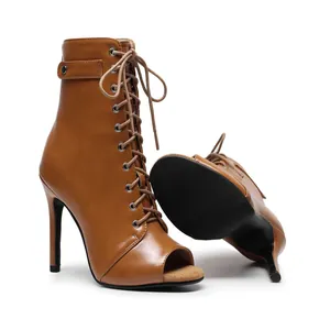 Professional brown peep-toe lace-up dance boots with high stiletto heels for women