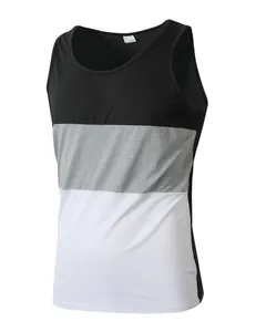 Close-up detail of a men's athletic color-block tank top in black grey and white